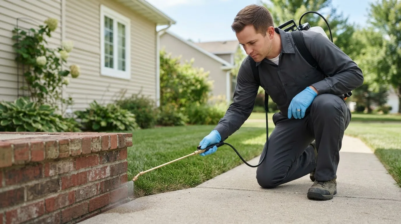 Pest control technician treating a home near Wentworth, NH